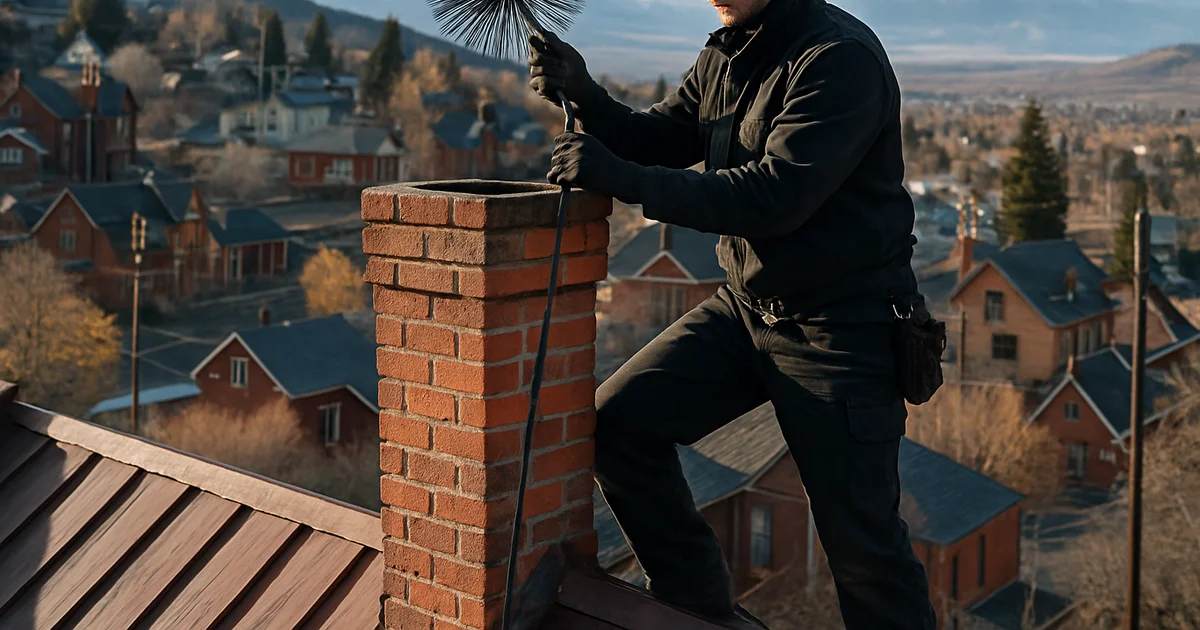 Chimney sweep working on a brick flue on a rooftop in Butte, MT