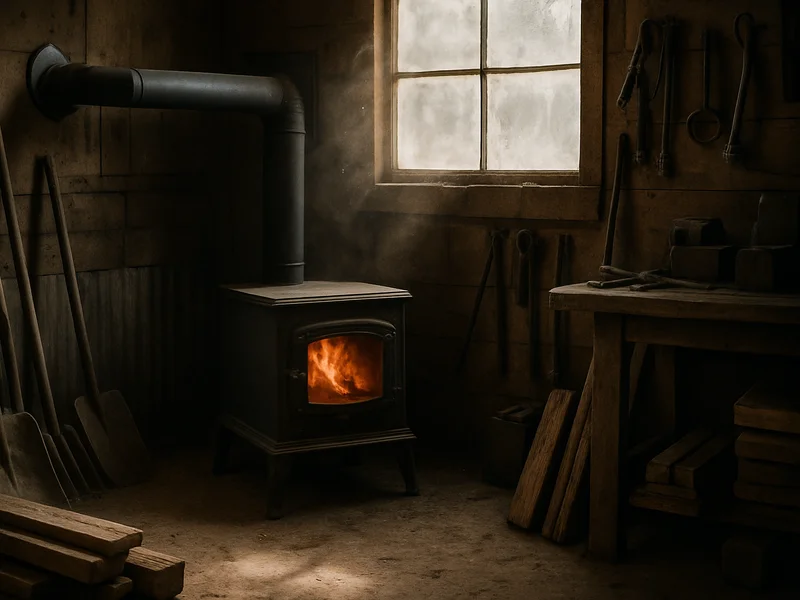 Wood stove in a ranch workshop with an improvised flue in Deer Lodge, MT