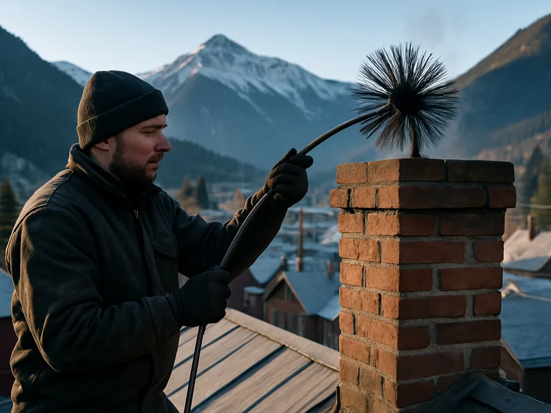 Chimney sweep feeding a rotary brush down a brick flue in Butte, MT